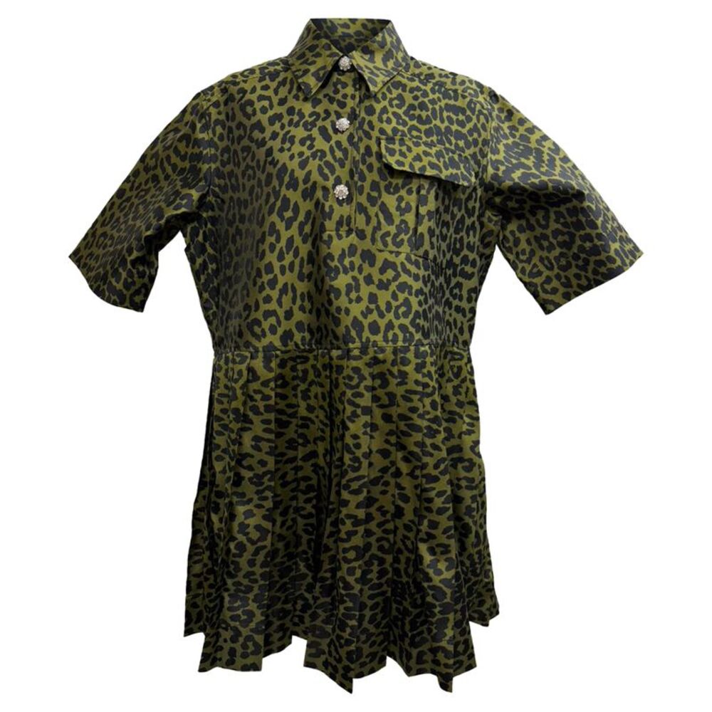 Ganni Pleated Leopard Jacquard Mini Dress in Olive Polyester